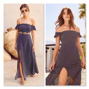 Lulus Dream Love Navy Blue Polka Dot Off-Shoulder